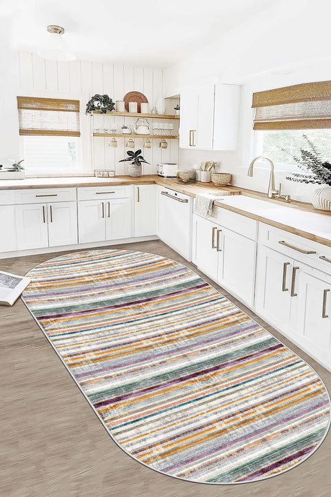 Geometric Scandinavian Oval Rug – Multicolor in a kitchen