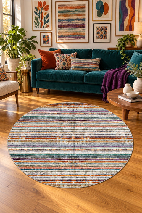 Geometric Scandinavian Round Rug – Multicolor in a living room