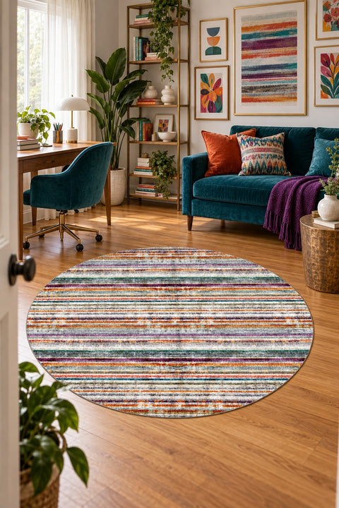 Geometric Scandinavian Round Rug – Multicolor in a office