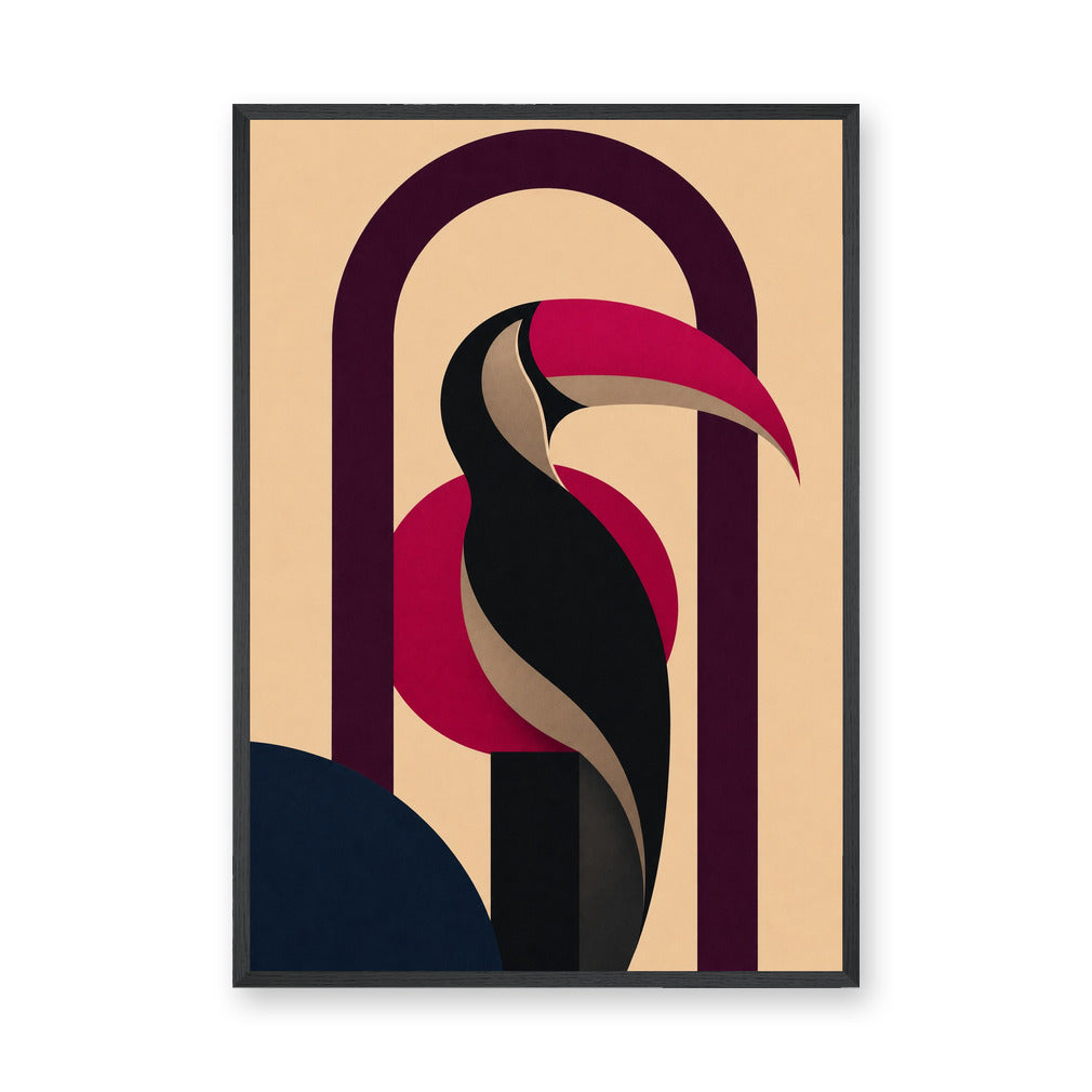 Geometric Toucan Modern Wall Art – Red Beak Bird in Burgundy Arch