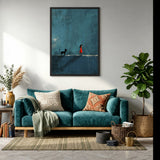 Girl And Cat Surreal Wall Art – Red Dress Figure on Teal Wall