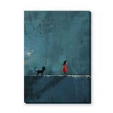 Girl And Cat Surreal Wall Art – Red Dress Figure on Teal Wall