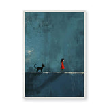 Girl And Cat Surreal Wall Art – Red Dress Figure on Teal Wall