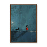 Girl And Cat Surreal Wall Art – Red Dress Figure on Teal Wall