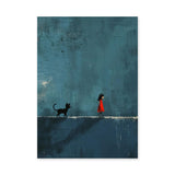 Girl And Cat Surreal Wall Art – Red Dress Figure on Teal Wall
