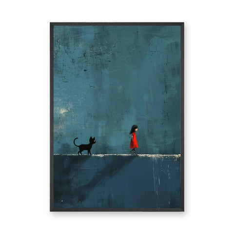 Girl And Cat Surreal Wall Art – Red Dress Figure on Teal Wall