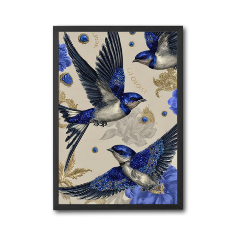 Glorious Blue Birds Floral Aesthetic Wall Print Wall Poster Print