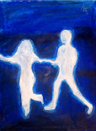 Glowing Figures Abstract Modern Wall Art – White Figures on Deep Blue