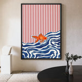 Goldfish Wave Modern Wall Art – Orange Fish and Blue Waves