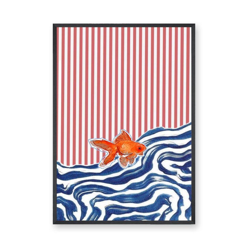 Goldfish Wave Modern Wall Art – Orange Fish and Blue Waves