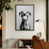 Happy Dog Modern Wall Art – Black and White Portrait With Ball