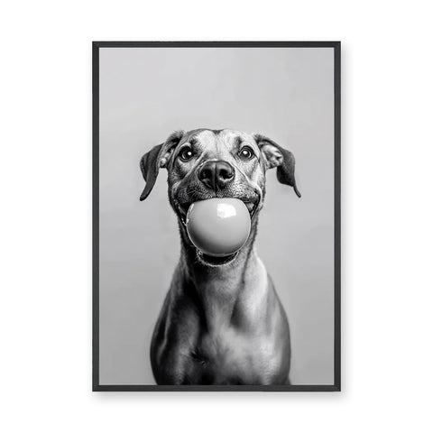Happy Dog Modern Wall Art – Black and White Portrait With Ball