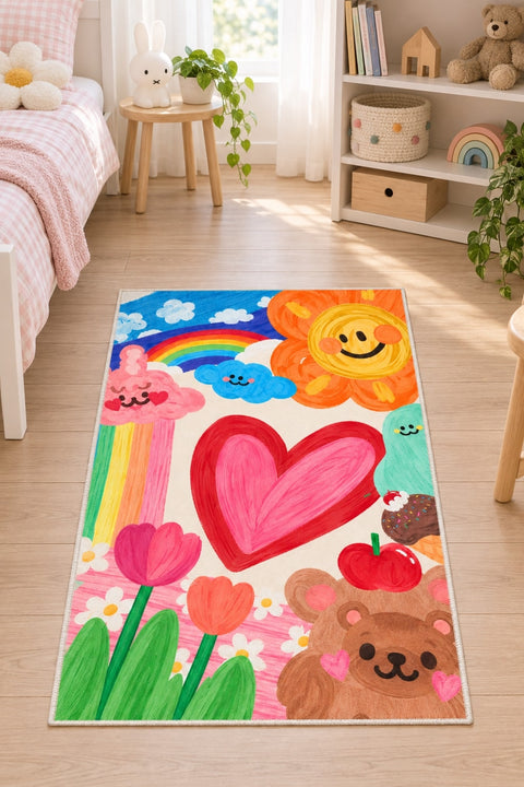 Heart Rainbow Kids Area Rug in a nursery