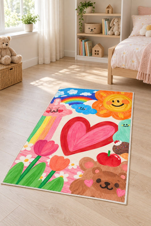 Heart Rainbow Kids Area Rug in a nursery