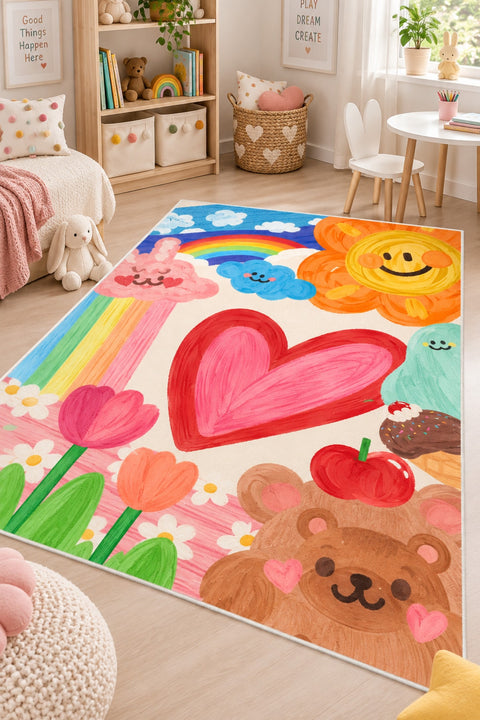 Heart Rainbow Kids Area Rug in a nursery