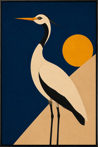 Heron Sunset Modern Wall Art – White Bird with Orange Sun
