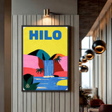 Hilo Tropical Waterfall Retro Wall Art – Bold Pink Yellow Travel Print