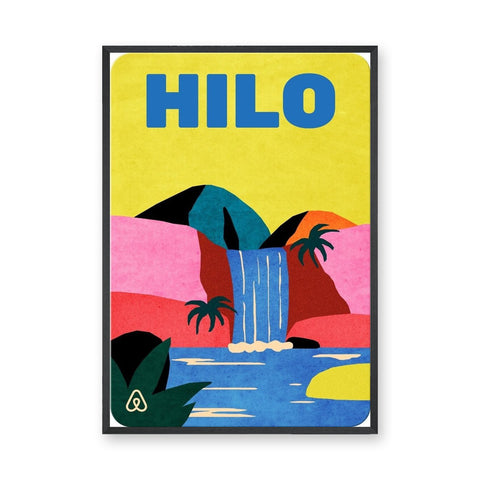 Hilo Tropical Waterfall Retro Wall Art – Bold Pink Yellow Travel Print