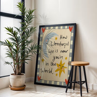 How Wonderful Life Is Now You're In The World Wall Poster, Colorful Hand Drawn Blue Art, Above Bed Decor, New Baby Gift, Boy Nursery