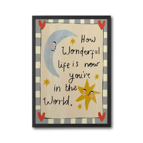 How Wonderful Life Is Now You're In The World Wall Poster, Colorful Hand Drawn Blue Art, Above Bed Decor, New Baby Gift, Boy Nursery