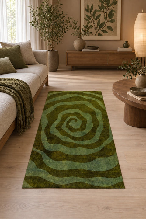 Hypnotic Spiral Modern Irregular Area Rug in a living room