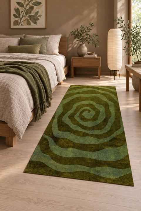 Hypnotic Spiral Modern Irregular Area Rug in a bedroom