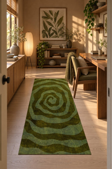 Hypnotic Spiral Modern Irregular Area Rug in a office