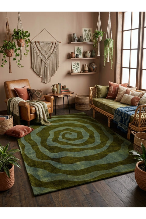Hypnotic Spiral Modern Irregular Area Rug in a living room
