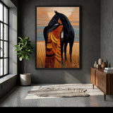 Indigenous Woman And Black Horse Boho Wall Art – Warm Prairie Portrait