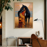Indigenous Woman And Black Horse Boho Wall Art – Warm Prairie Portrait