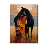 Indigenous Woman And Black Horse Boho Wall Art – Warm Prairie Portrait