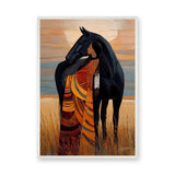 Indigenous Woman And Black Horse Boho Wall Art – Warm Prairie Portrait