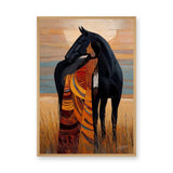 Indigenous Woman And Black Horse Boho Wall Art – Warm Prairie Portrait