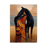 Indigenous Woman And Black Horse Boho Wall Art – Warm Prairie Portrait