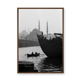Istanbul Harbor Vintage Wall Art – Black and White Boats and Mosque Silhouette