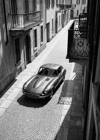 Jaguar E-Type Vintage Wall Art – Black and White Cobblestone Street