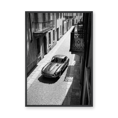 Jaguar E-Type Vintage Wall Art – Black and White European Street Photo