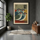 Japanese Bird Vintage Wall Art – Teal Birds with Calligraphy