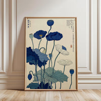 Japanese Botanical Illustration, Nostalgic Lotus Flower Art, Traditional Ukiyo-e Botanical Wall Poster, Blue Floral Wall Print, Japanese Home Decor