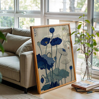 Japanese Botanical Illustration, Nostalgic Lotus Flower Art, Traditional Ukiyo-e Botanical Wall Poster, Blue Floral Wall Print, Japanese Home Decor