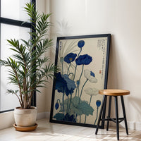 Japanese Botanical Illustration, Nostalgic Lotus Flower Art, Traditional Ukiyo-e Botanical Wall Poster, Blue Floral Wall Print, Japanese Home Decor