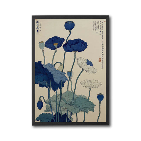Japanese Botanical Illustration, Nostalgic Lotus Flower Art, Traditional Ukiyo-e Botanical Wall Poster, Blue Floral Wall Print, Japanese Home Decor