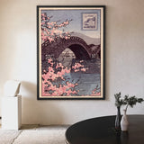 Japanese Cherry Blossom Traditional Wall Art – Vintage Bridge and Stamp Print