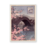 Japanese Cherry Blossom Traditional Wall Art – Vintage Bridge and Stamp Print