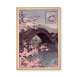 Japanese Cherry Blossom Traditional Wall Art – Vintage Bridge and Stamp Print