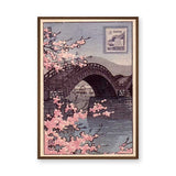 Japanese Cherry Blossom Traditional Wall Art – Vintage Bridge and Stamp Print