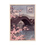 Japanese Cherry Blossom Traditional Wall Art – Vintage Bridge and Stamp Print