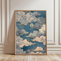 Japanese Cloud Art Décor Poster, Blue and Gold Sky Print, Traditional Woodblock Style, Elegant Japanese Decor, Zen Minimal Home Art