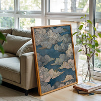 Japanese Cloud Art Décor Poster, Blue and Gold Sky Print, Traditional Woodblock Style, Elegant Japanese Decor, Zen Minimal Home Art