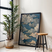 Japanese Cloud Art Décor Poster, Blue and Gold Sky Print, Traditional Woodblock Style, Elegant Japanese Decor, Zen Minimal Home Art